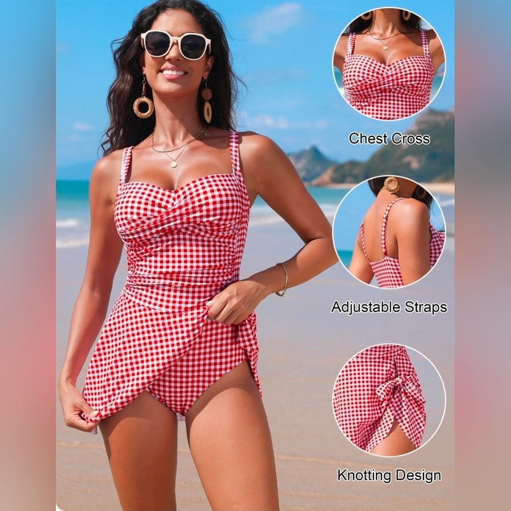 Red Gingham Women's One Piece Swimsuit - Picture 3 of 8